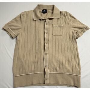 Ben Sherman Polo Shirt Mens Medium Knit Short Sleeve Pocket Beige Casual Button